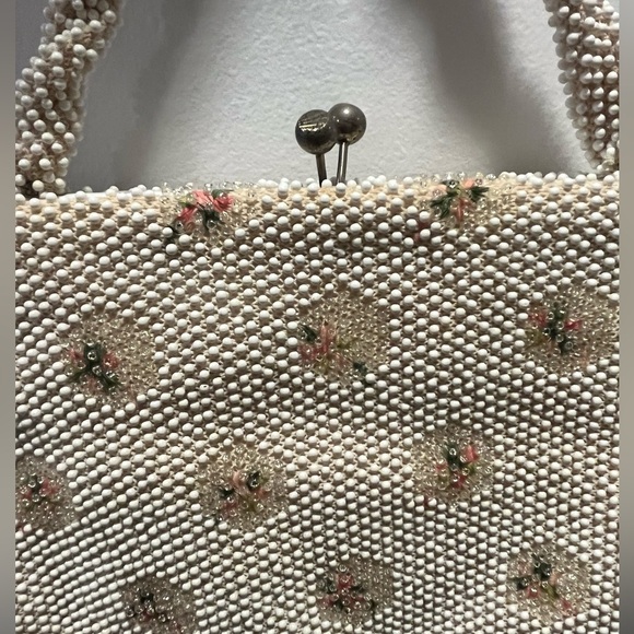 Vintage 50s lumured corde petite bead white pink floral handbag purse - Picture 5 of 6